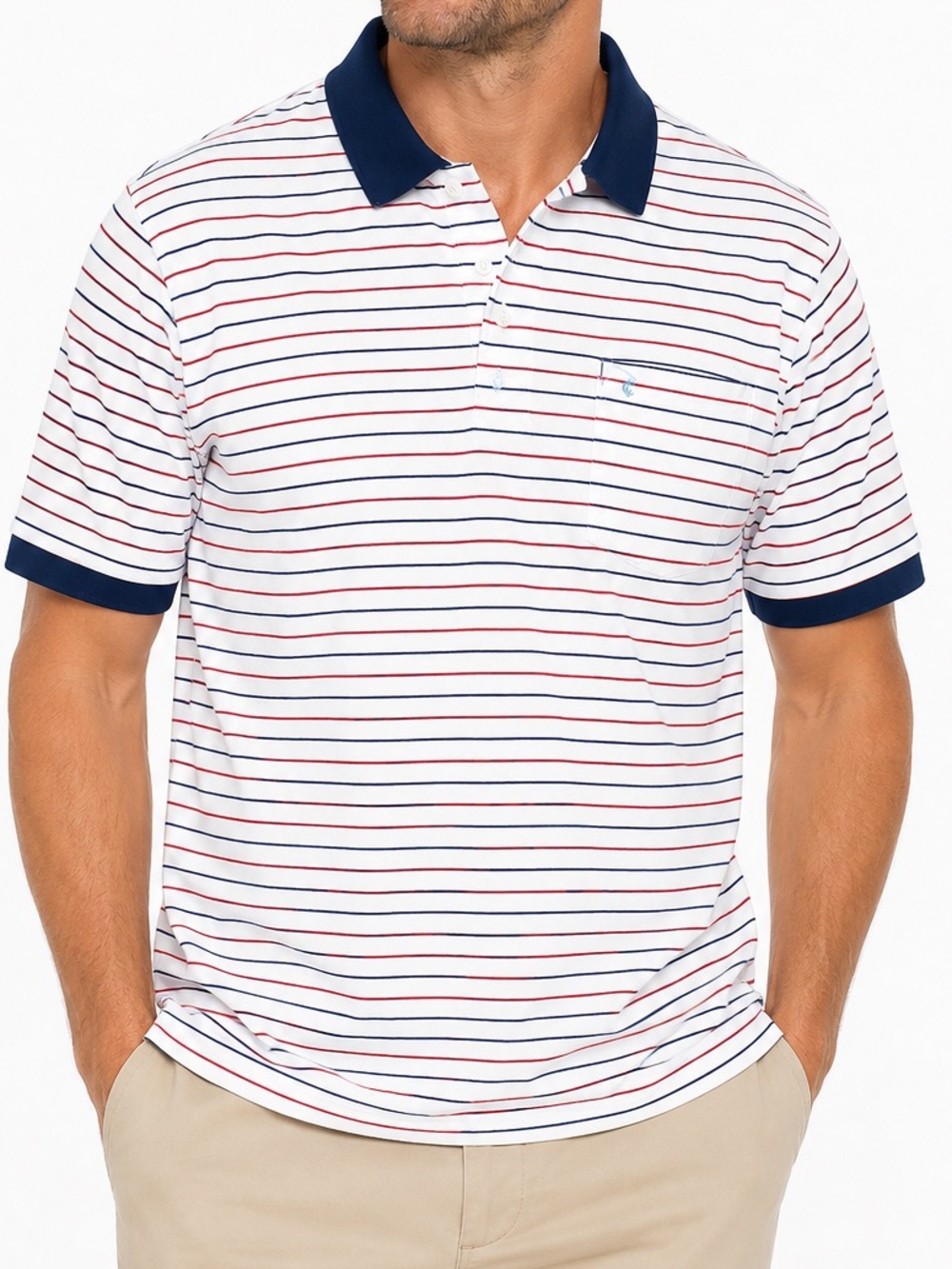 Criquet Polo Shirt Men’s XL White Red Blue Stripe Pima Cotton Pocket Golf Casual